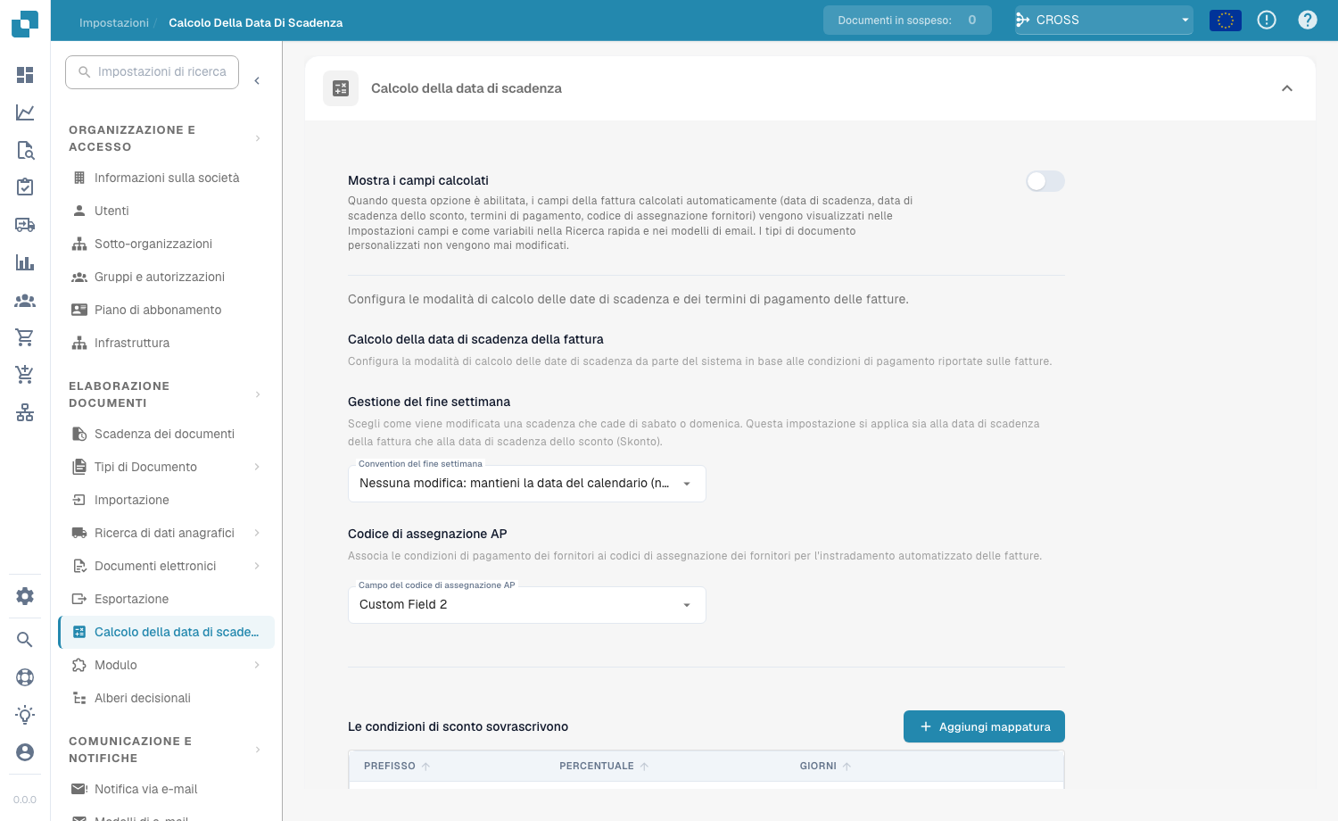 Impostazioni del calcolo della data di scadenza